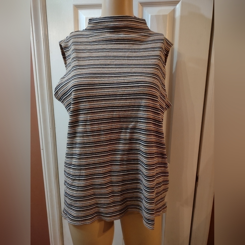 White Stag Striped Mock Neck Sleeveless Top Women's Large 12/14 Stretch